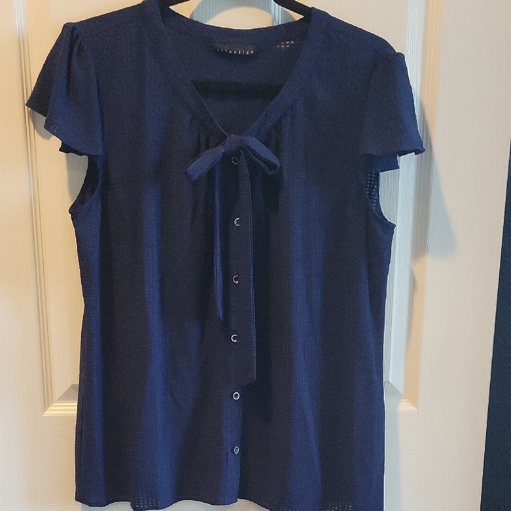 Attention Navy Button-Up Blouse with Bow